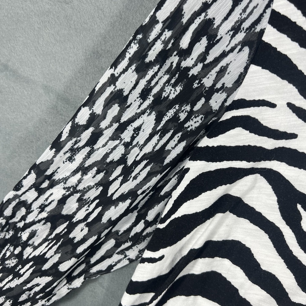 Westbound Women's L Black White Zebra Animal Print V-Neck Tunic Top Tie Sleeves - Picture 3 of 7